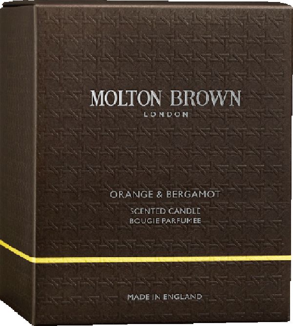 Scatola marrone con logo Molton Brown e testo: Orange & Bergamot Scented Candle. Made in England.