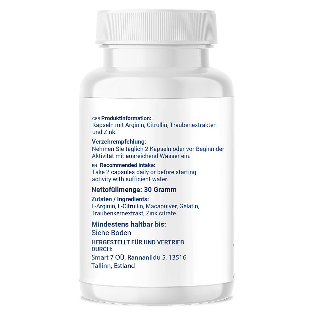 Retro di un flacone bianco di capsule. Testo: Informazioni sul prodotto, raccomandazioni, quantità netta, ingredienti, scadenza, produttore.