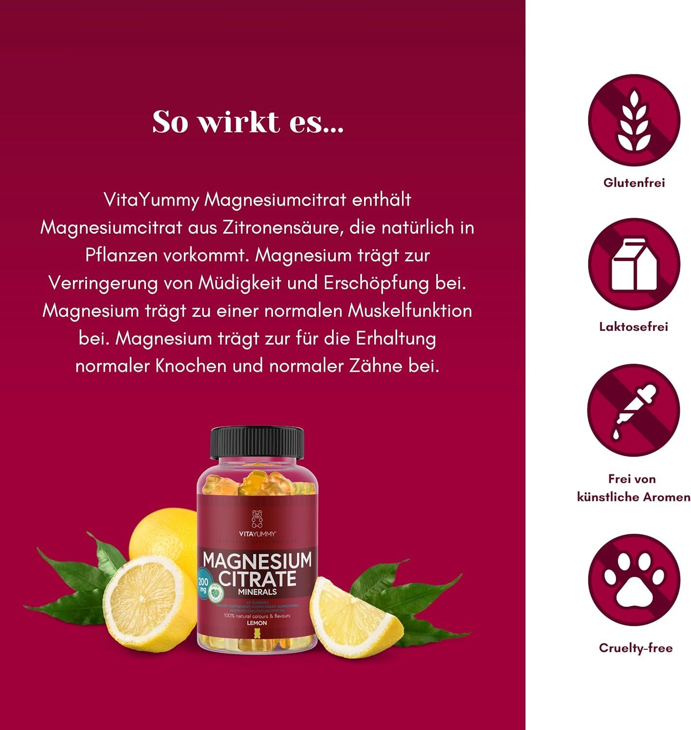Gommosi Vitayummy Magnesiumcitrate, limone, con loghi: senza glutine, senza lattosio, senza aromi artificiali, cruelty-free.