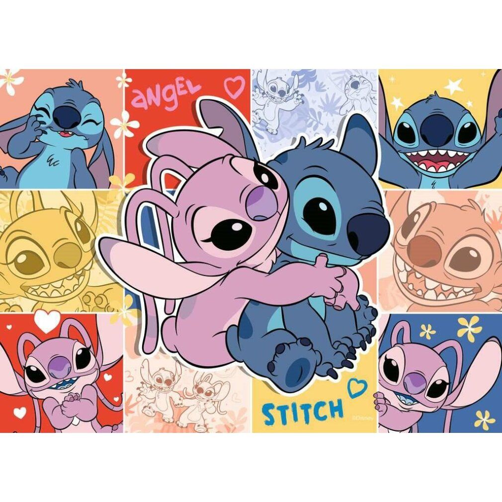 Puzzle con Stitch e Angel. Stitch e Angel si abbracciano. Sfondo con cuori e fiori. Colori: rosa, blu, giallo.