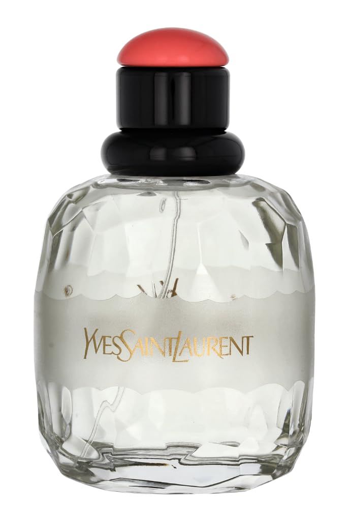 Flacone rotondo trasparente con tappo nero e cappuccio rosso. Scritta dorata Yves Saint Laurent sul flacone.