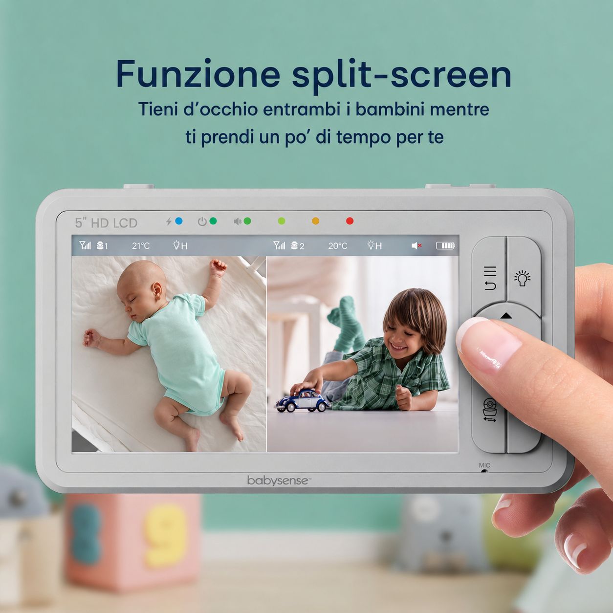 Baby monitor HD da 5 pollici con 2 telecamere Babysense