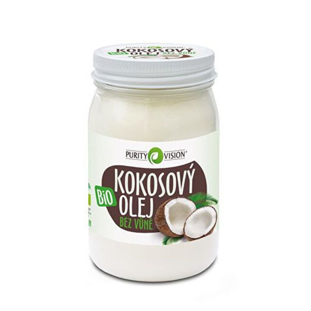 Barattolo di olio di cocco. Etichetta con nome del prodotto e illustrazione di cocco. Coperchio con logo. Sigillo bio.