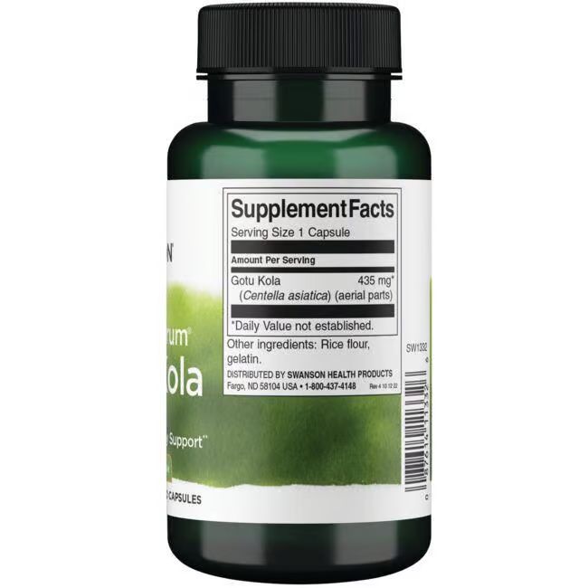 Retro del flacone verde. Scritta: Supplement Facts, Gotu Kola, 435 mg, ingredienti, 1-800-437-4148.