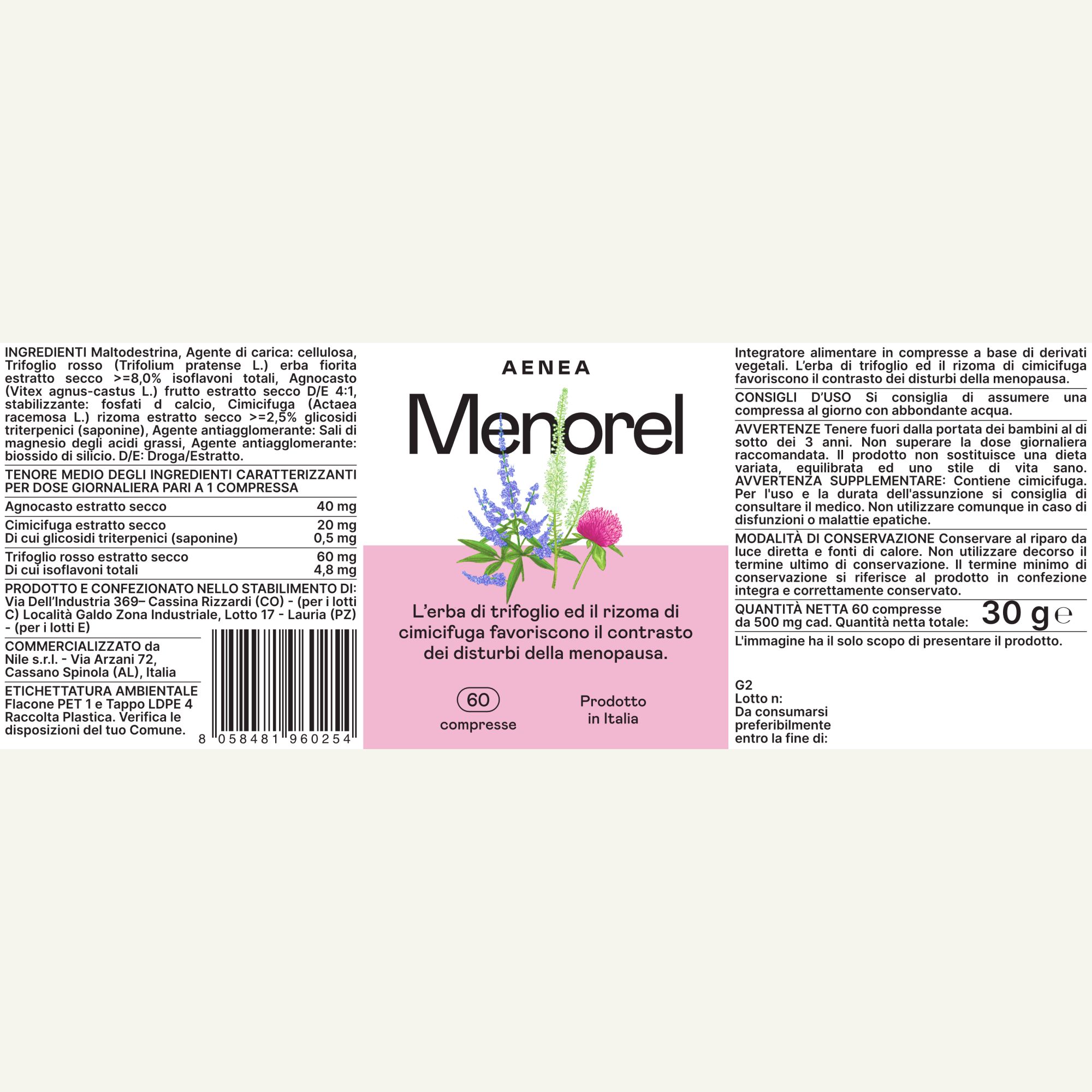 Flacone Aenea Menorel. Elenco ingredienti, dosaggio, avvertenze. 60 compresse. Peso netto 30g. Prodotto in Italia.