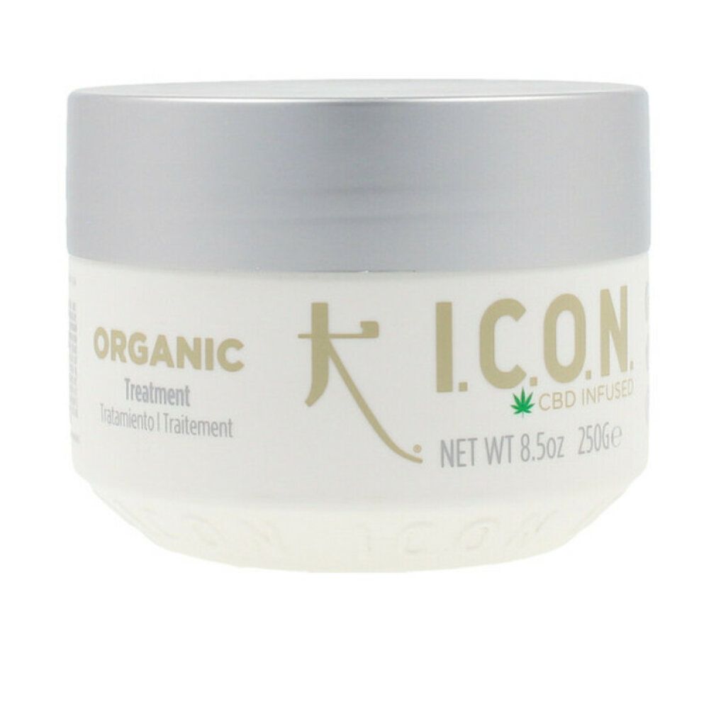 Vasetto bianco con coperchio argentato. Scritta: ORGANIC Treatment, I.C.O.N. CBD INFUSED. Peso netto 8.5oz 250g.