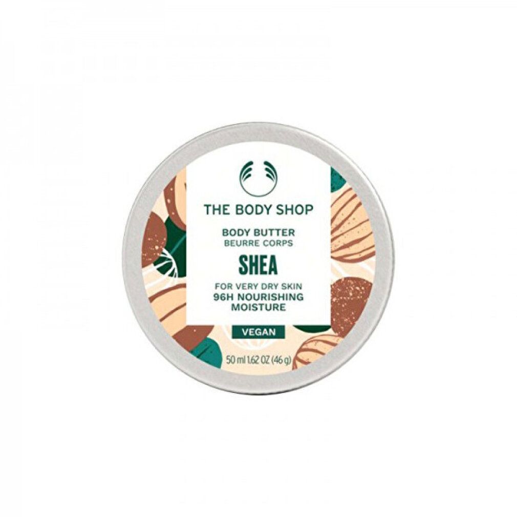 Barattolo rotondo con coperchio. Scritta: Body Butter Shea, per pelli molto secche, 96h idratazione. Vegano. 50 ml.