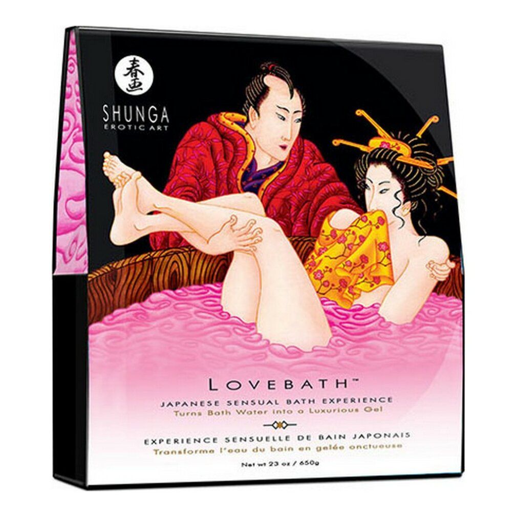 Confezione con illustrazione di una coppia in una vasca da bagno. Testo: LOVEBATH, SHUNGA EROTIC ART. Contenuto: 650g.