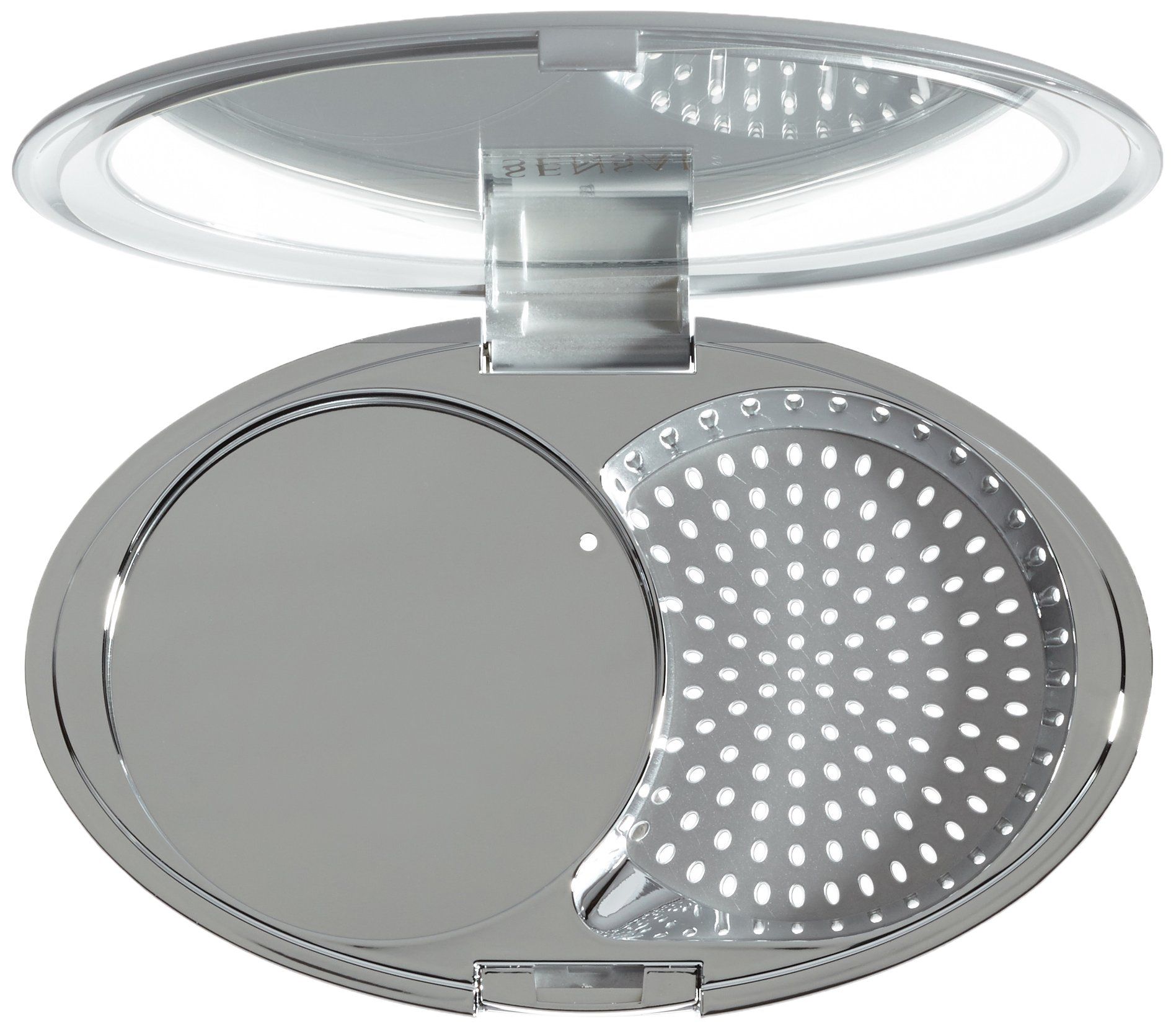 Custodia di ricambio per trucco compatto ovale argentata, specchio e setaccio. Coperchio aperto.