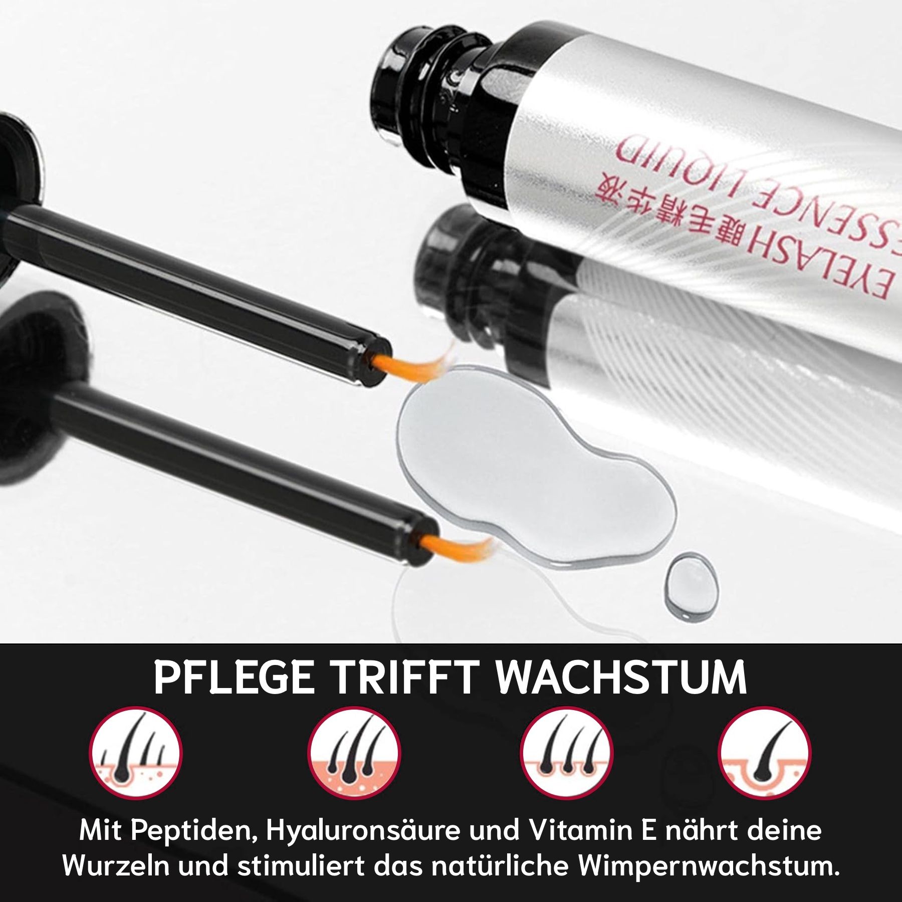 Applicatore con siero. Primo piano. Liquido su superficie. Testo: Cura incontra crescita.