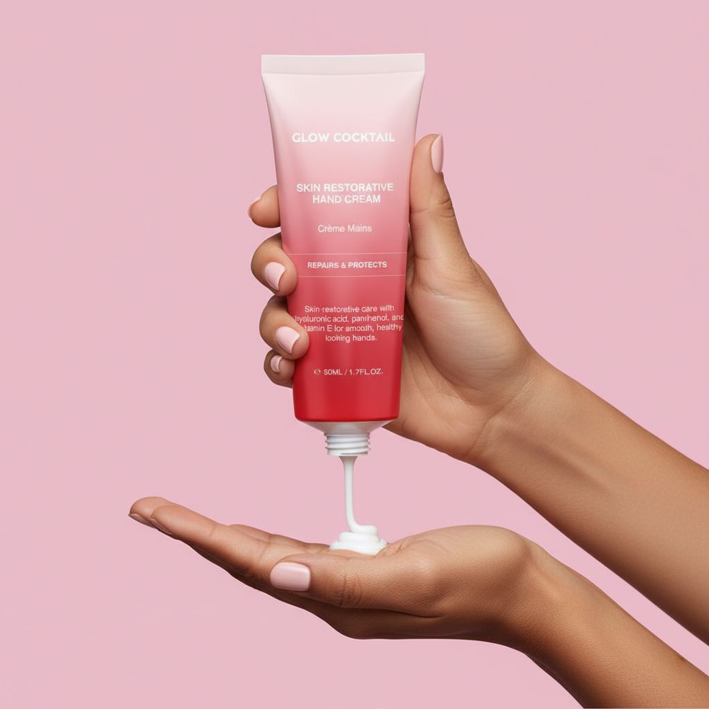 Tubo di crema per le mani tenuto in mano. Crema erogata sul palmo. Testo: Glow Cocktail, Skin Restorative Hand Cream, Crème Mains.