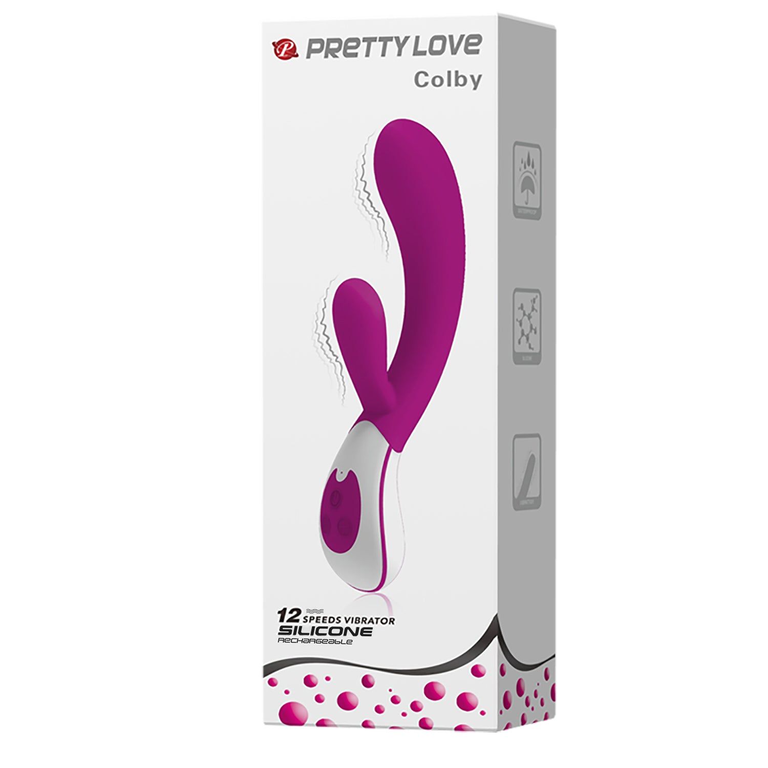 Confezione viola e bianca per vibratore, con immagine del prodotto e testo.