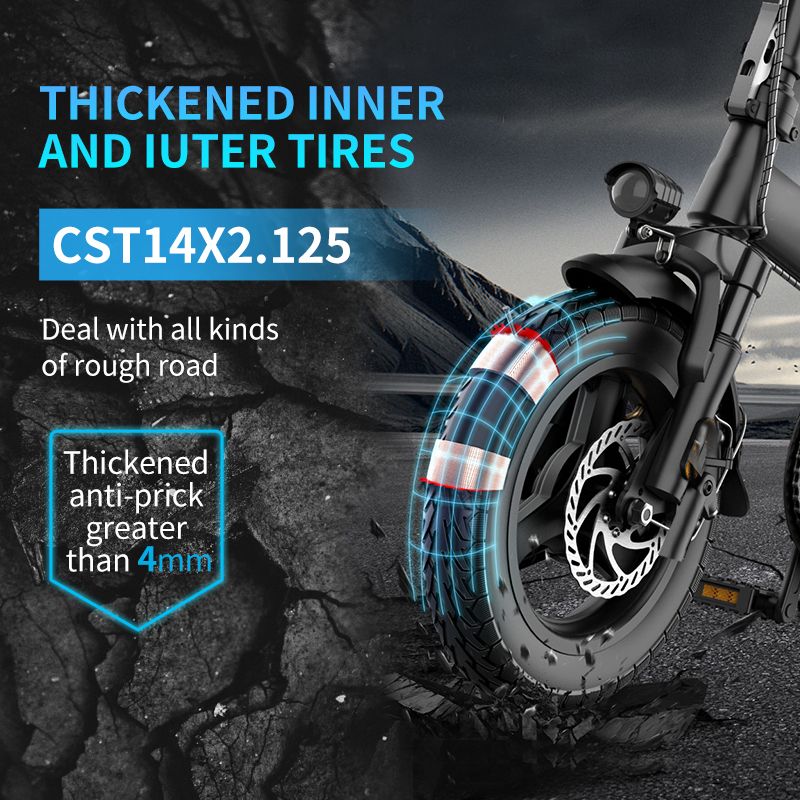 Primo piano dello pneumatico. Testo: 'THICKENED INNER AND OUTER TIRES' e 'CST14X2.125'.