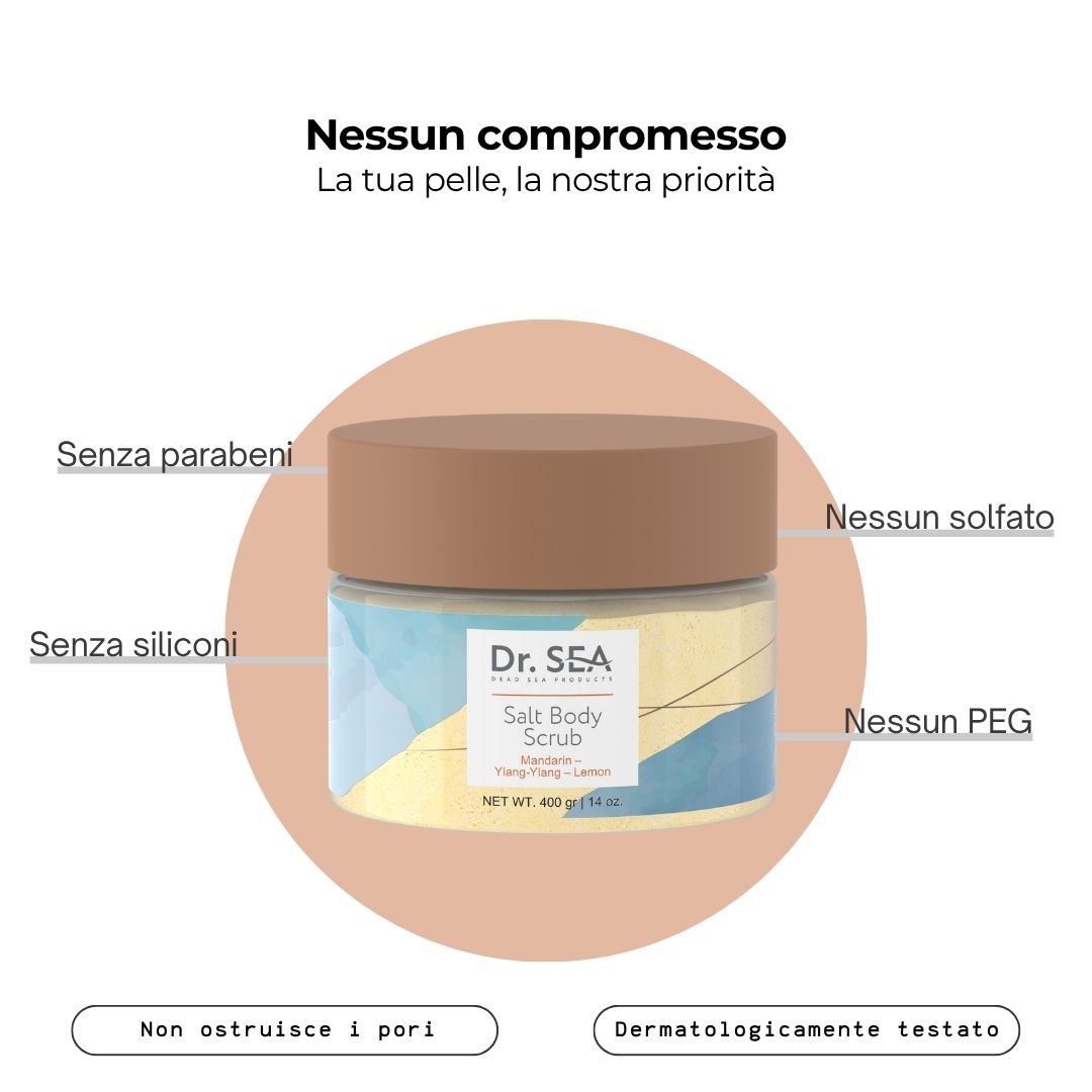 Barattolo di scrub corpo con informazioni. Testo: Senza parabeni, siliconi, solfati, PEG. Dermatologicamente testato.