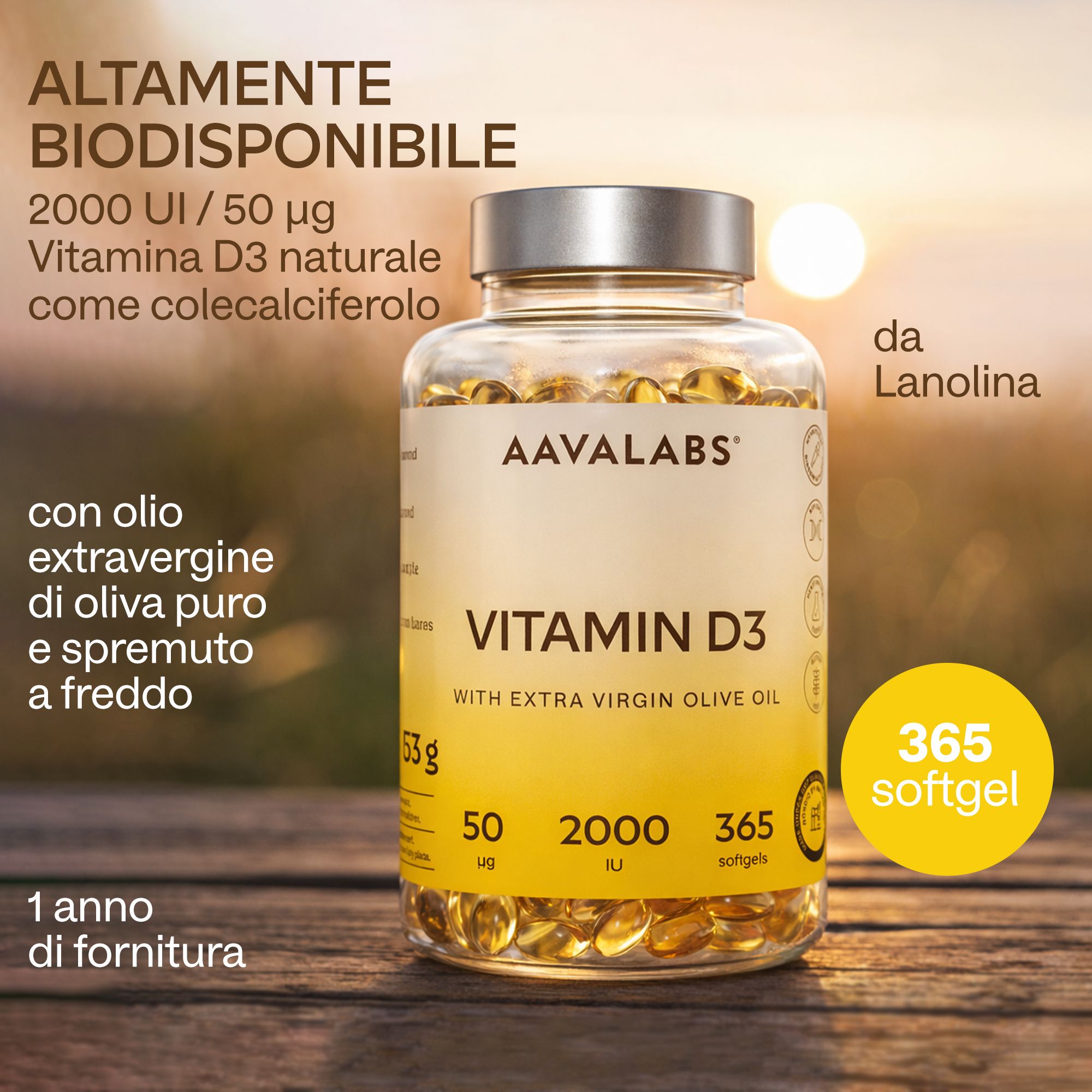 Flacone Aavalabs Vitamina D3 su legno, 2000 UI, 365 softgel.