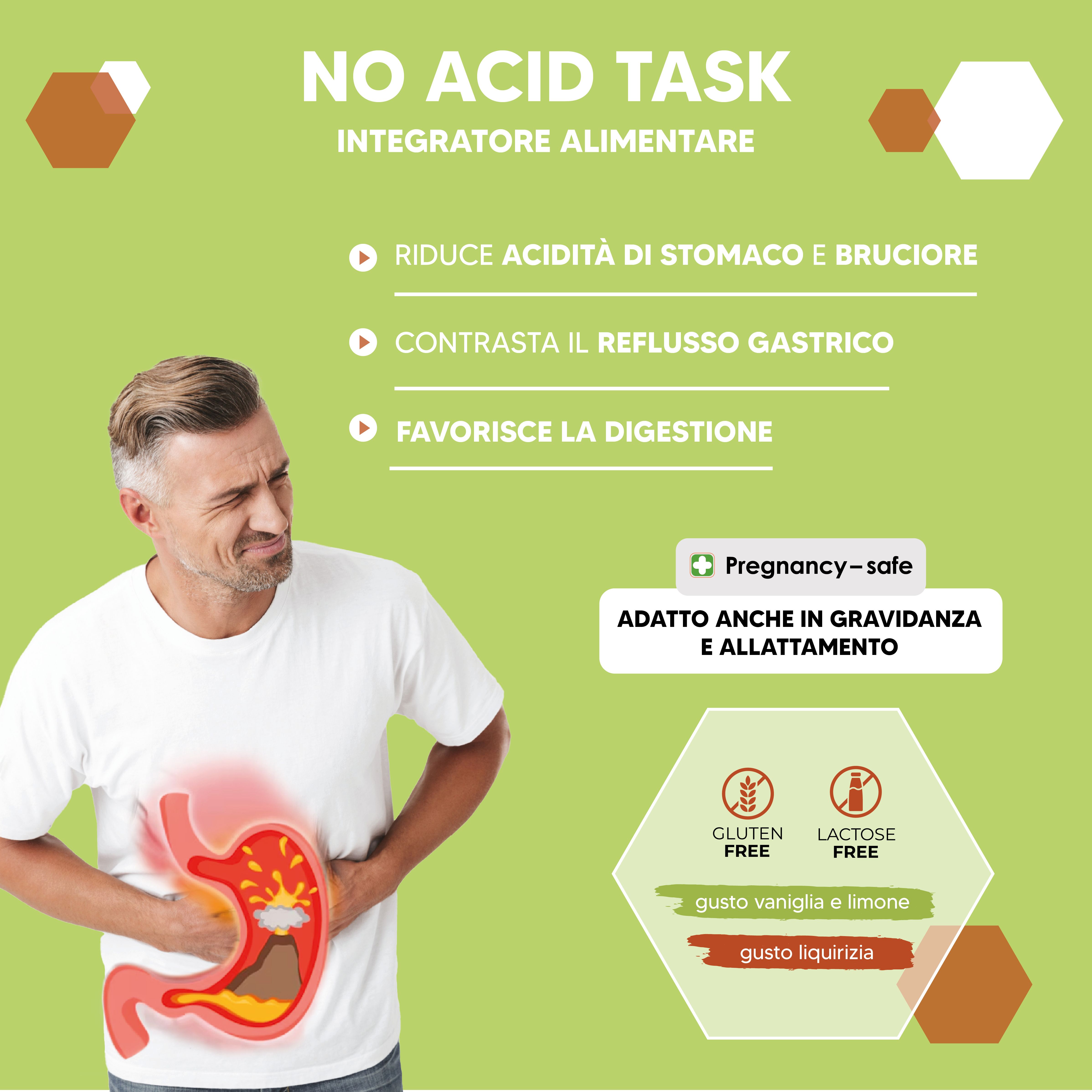 Uomo con dolore addominale. Testo: No Acid Task, riduce acidità, reflusso, favorisce digestione. Senza glutine e lattosio. Adatto in gravidanza.
