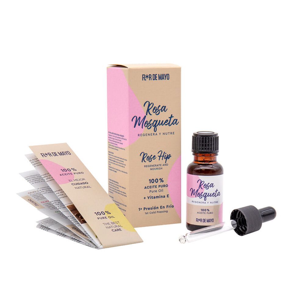Flacone con contagocce e scatola di cartone per olio puro di rosa mosqueta.