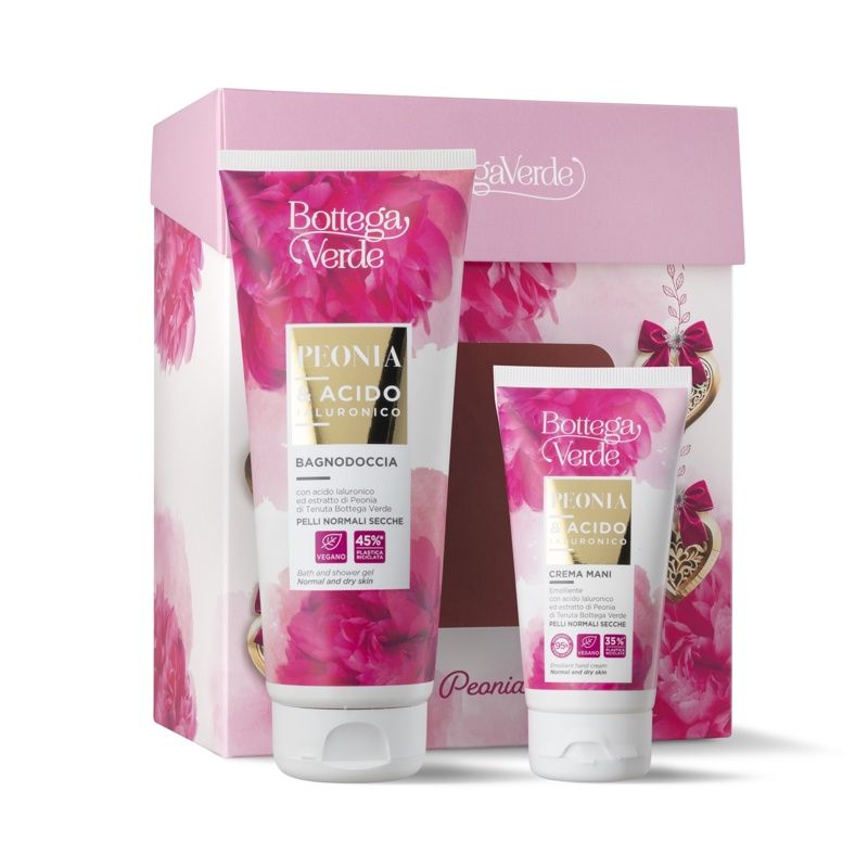 Confezione regalo rosa con due tubi. Scritte "Peonia" e "Bottega Verde". Tubi per pelli normali e secche.