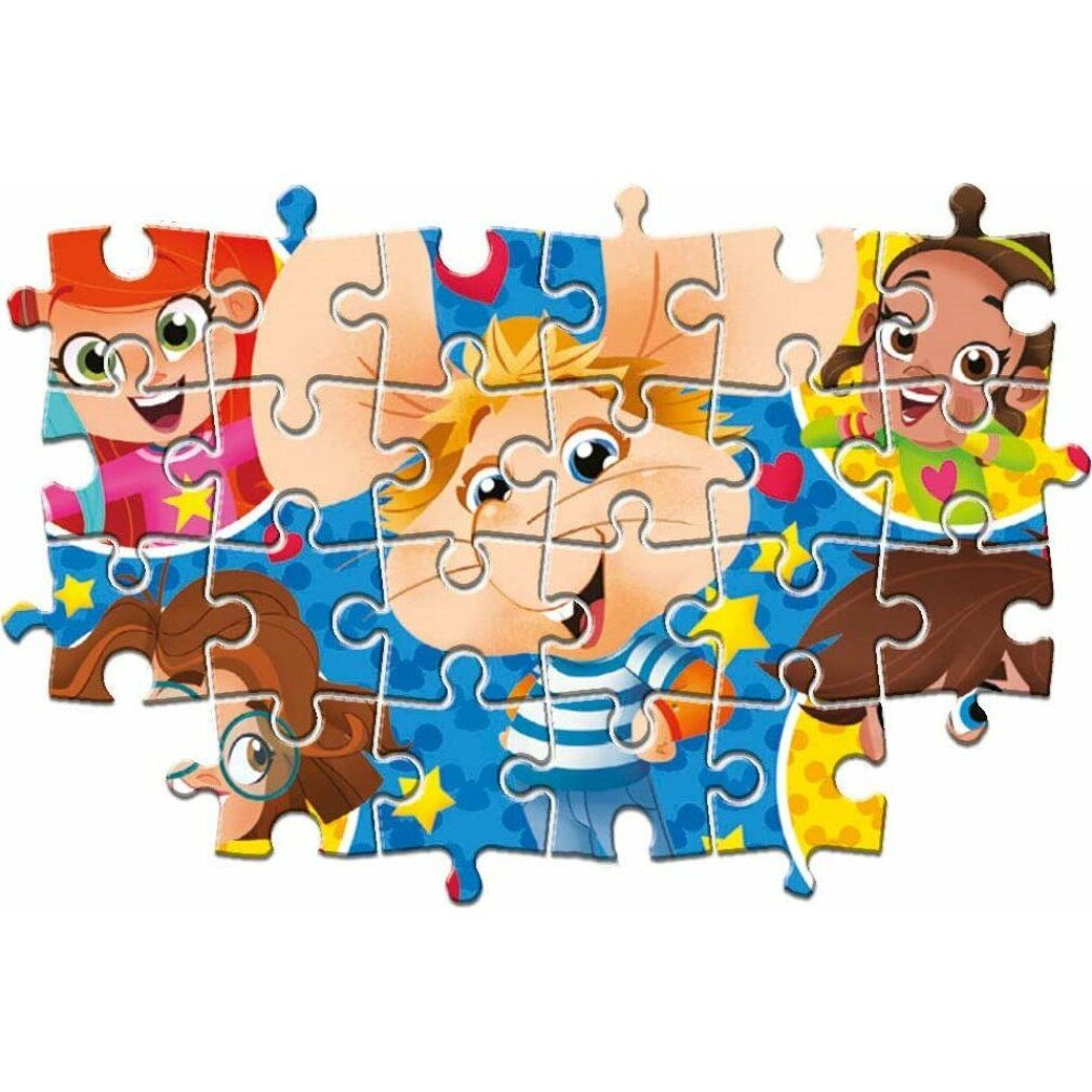 Puzzle Clementoni Topo Gigio completato con bambini. 24 pezzi. Sfondo blu con stelle e cuori.