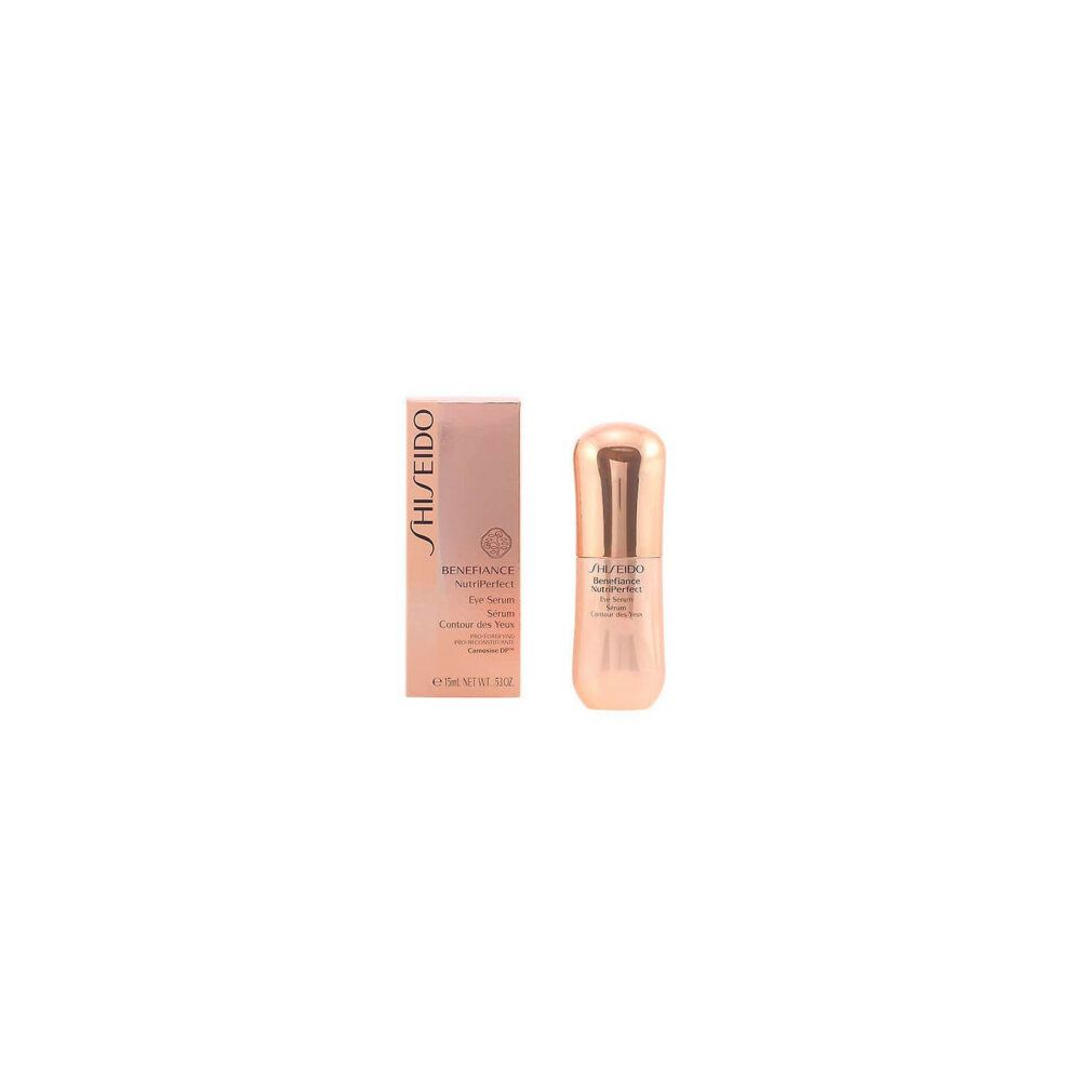 Flacone e scatola di crema per occhi. Scritta: Shiseido Benefiance NutriPerfect Eye Serum. Rosa e oro.