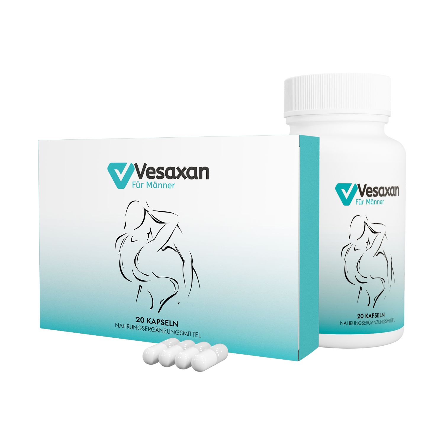 Confezione e flacone di Vesaxan per uomini. Contiene 20 capsule. Alcune capsule sono davanti alla confezione.