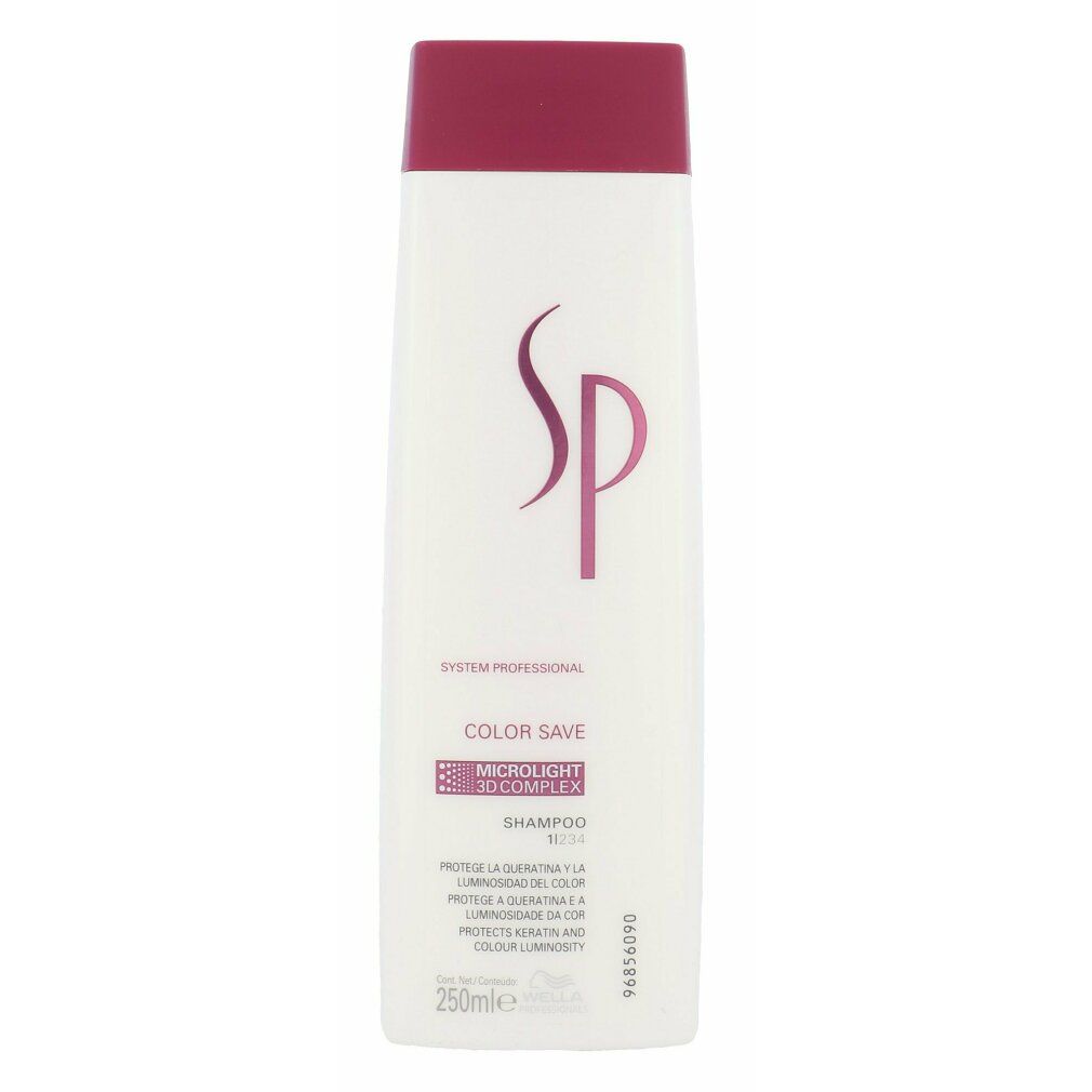 Shampoo bianco con tappo bordeaux. Scritta SP, Color Save e 3D Complex. 250ml.