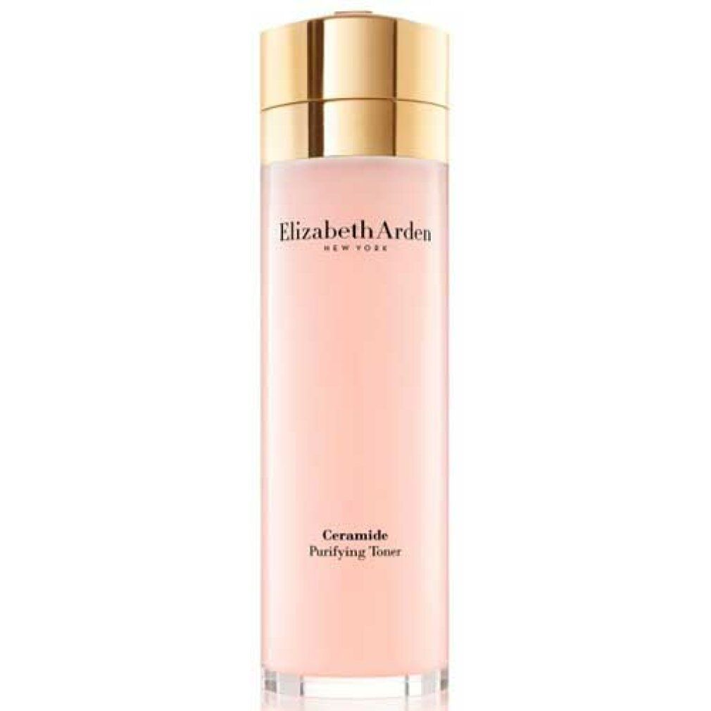 Toner Elizabeth Arden. Liquido rosa in flacone cilindrico con tappo dorato. Scritta: Ceramide Purifying Toner.