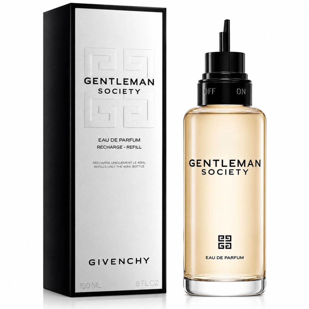 Flacone Givenchy Gentleman Society Eau de Parfum e ricarica. Tappo nero con applicatore.