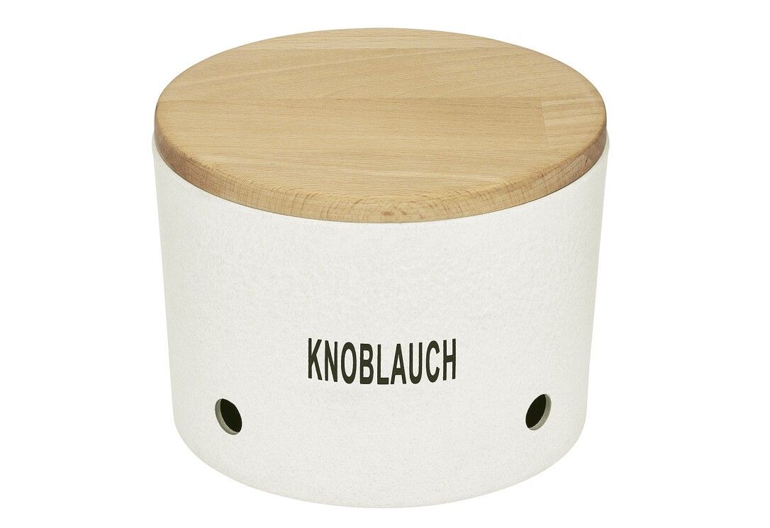 Vaso per aglio bianco con coperchio in legno. Scritta "Knoblauch". Due piccoli fori in basso. Forma cilindrica.