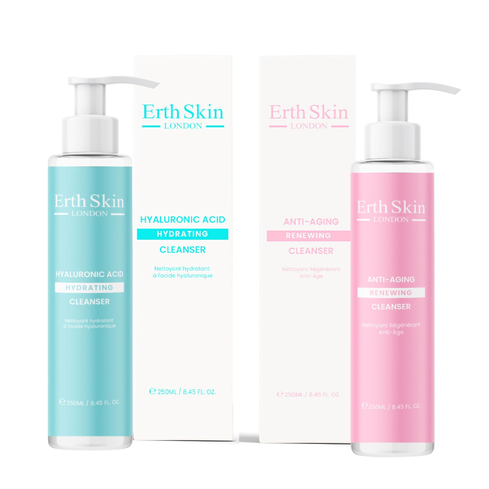 Due flaconi con dosatore e scatole. Scritta: Erth Skin London. Un flacone blu, uno rosa. Scritta: Acido ialuronico, Anti-età.