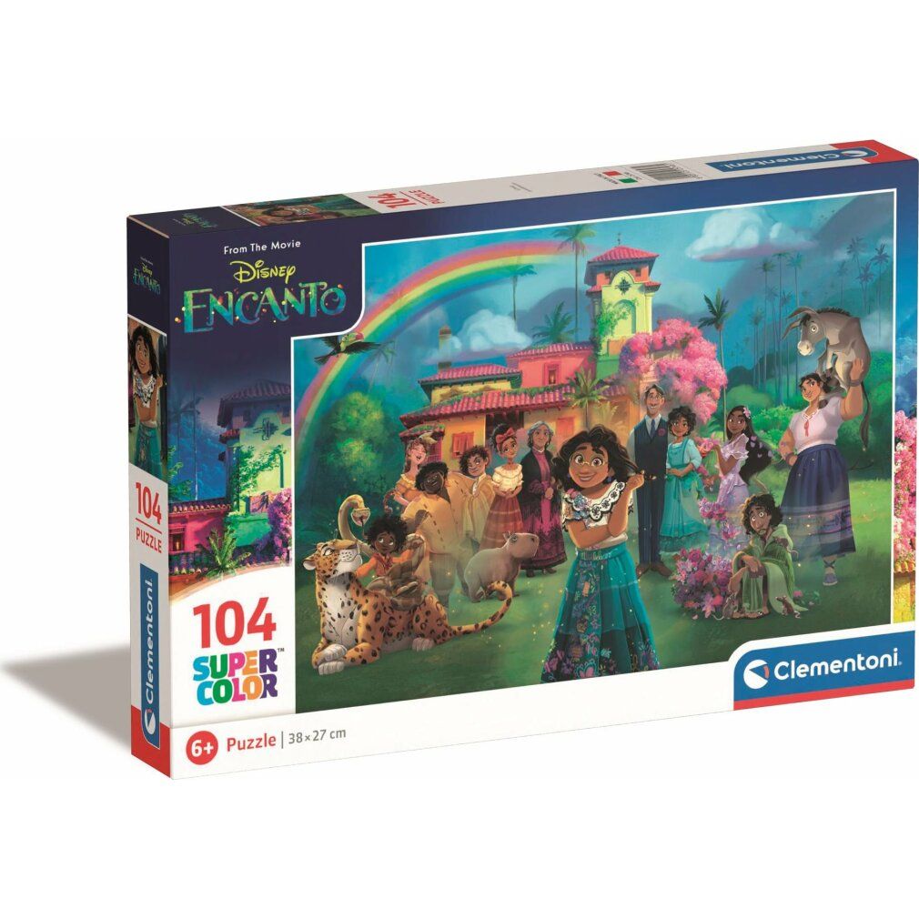 Clementoni Puzzle Disney: Encanto, 104 pezzi. Confezione con immagine del puzzle. Logo e informazioni sul prodotto.