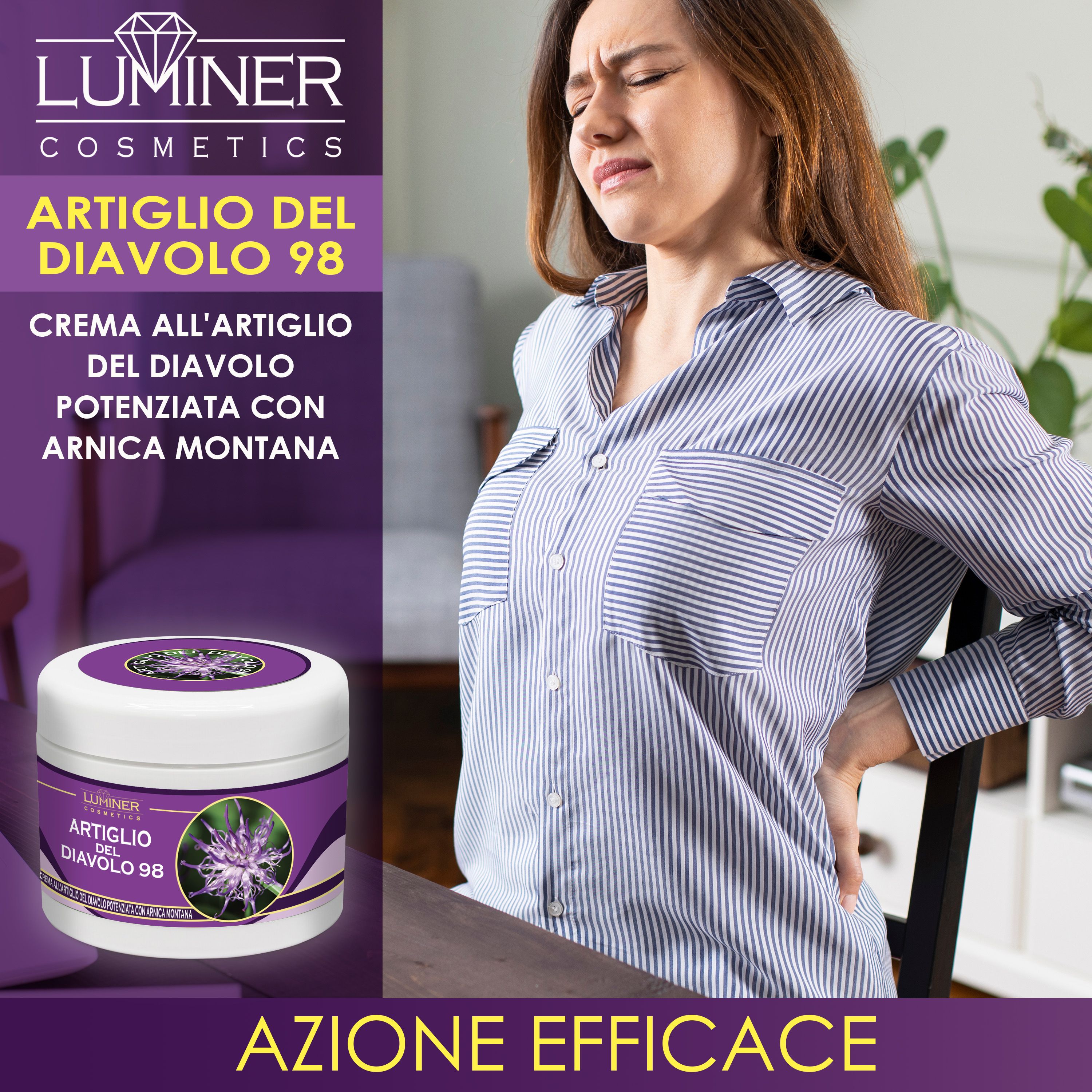 Donna con mal di schiena accanto a un vasetto di crema Artiglio del Diavolo 98.