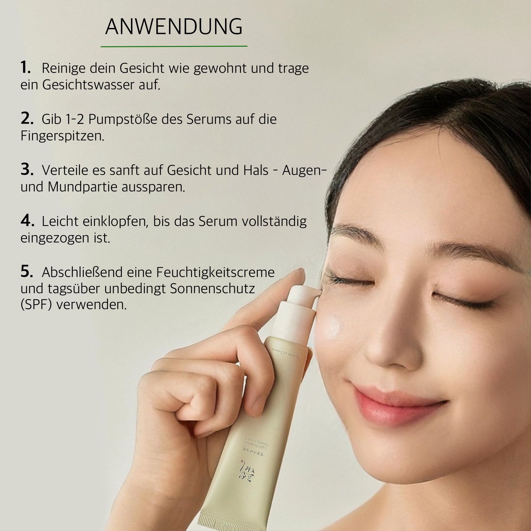 Applicazione del siero. Donna applica il siero. Nome del prodotto Beauty of Joseon visibile. Istruzioni passo passo.