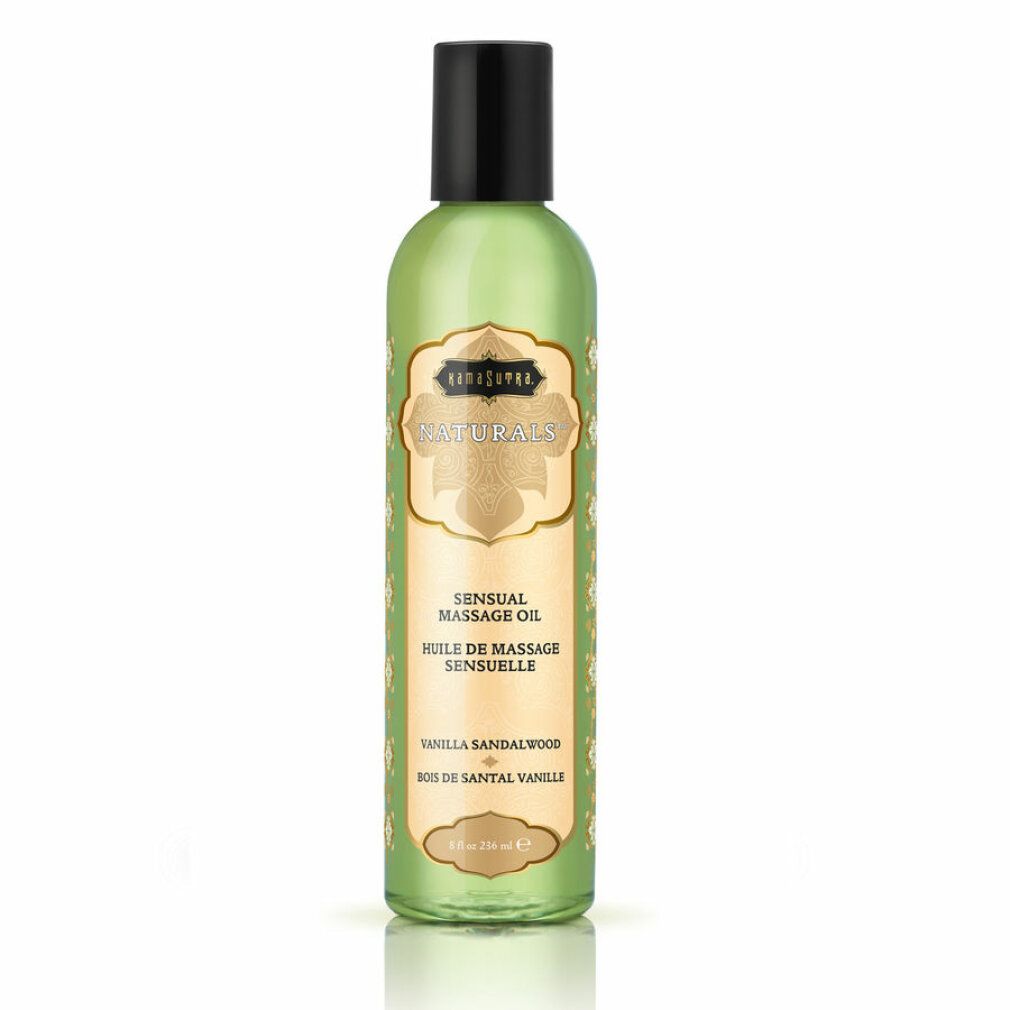 Flacone verde con tappo nero. Scritta: Naturals, Sensual Massage Oil, Vaniglia Sandalo. Decorazioni dorate.