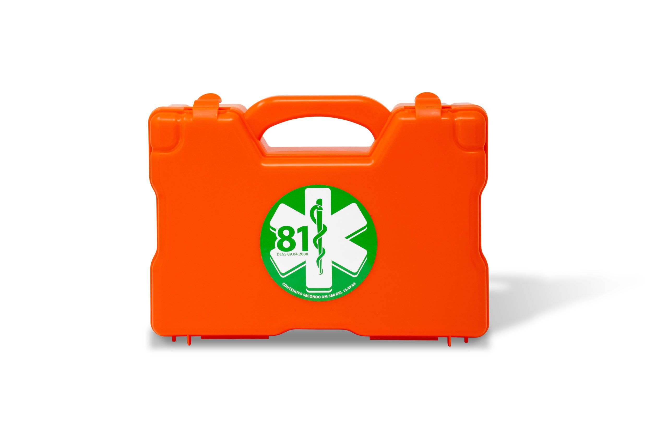 Cassetta di pronto soccorso arancione con emblema verde e simbolo medico bianco. Maniglia sopra.