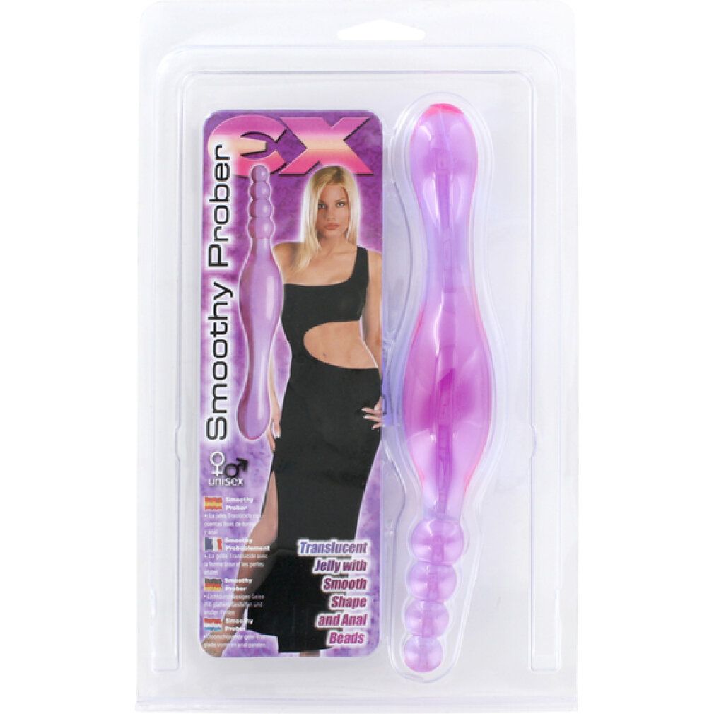 Jelly Smoothy Prober lilla trasparente in confezione blister. Forma liscia, perle. Donna sulla confezione.