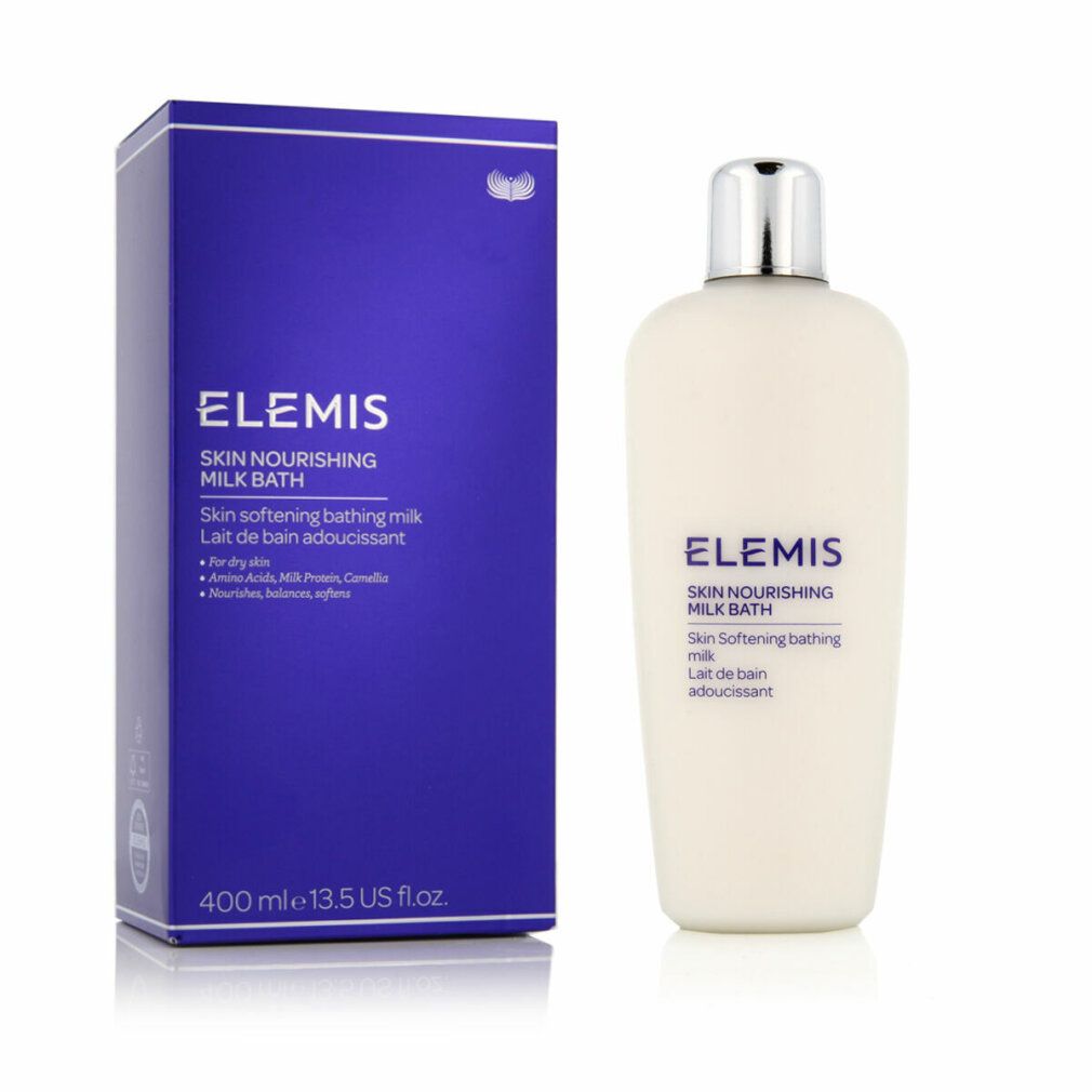 Flacone del prodotto accanto alla confezione blu. Scritta: Elemis Skin Nourishing Milk Bath. Confezione con testo e informazioni.