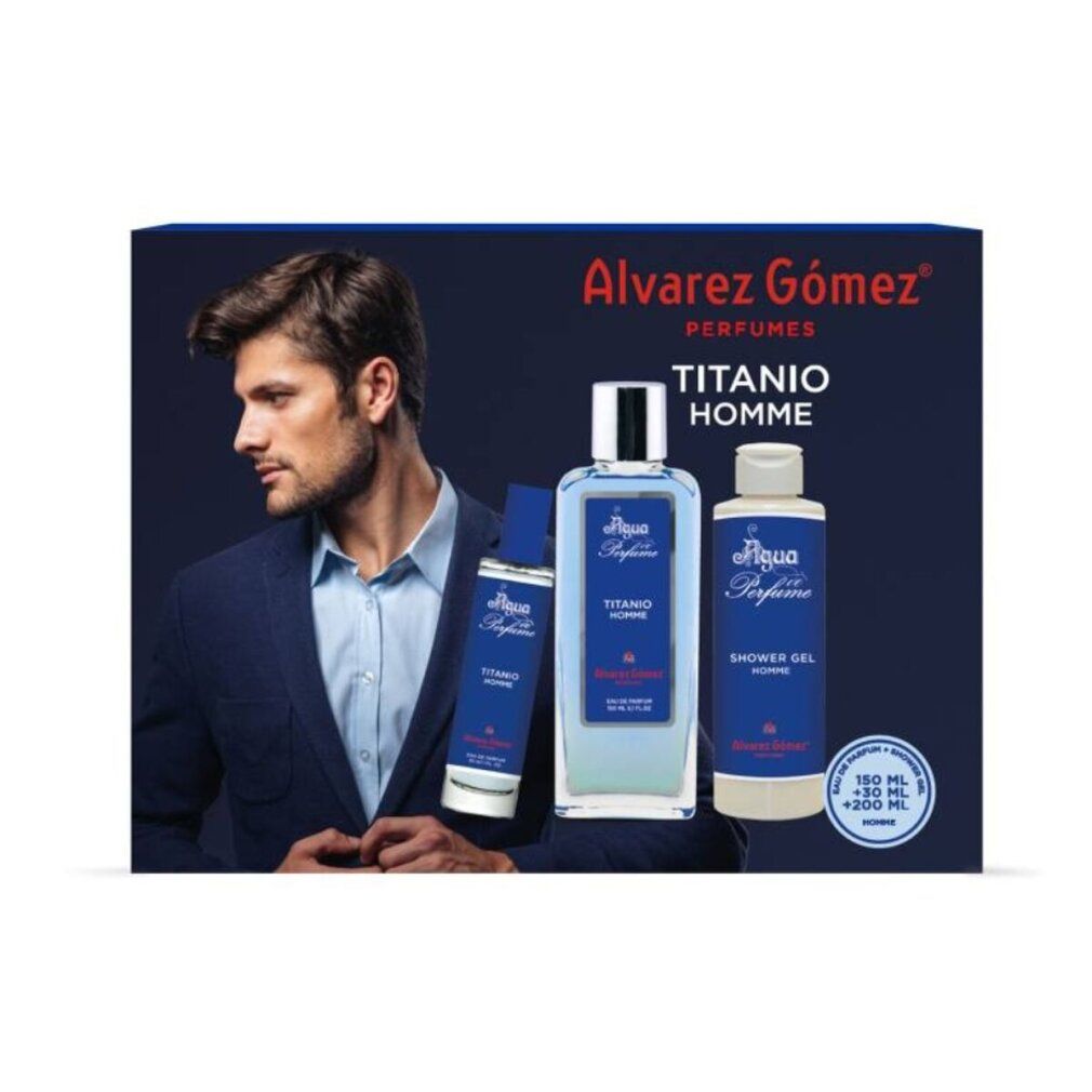 Set regalo con tre prodotti. Flacone, spray e gel doccia. Scritta: Alvarez Gómez, Titanio Homme. Uomo sullo sfondo.