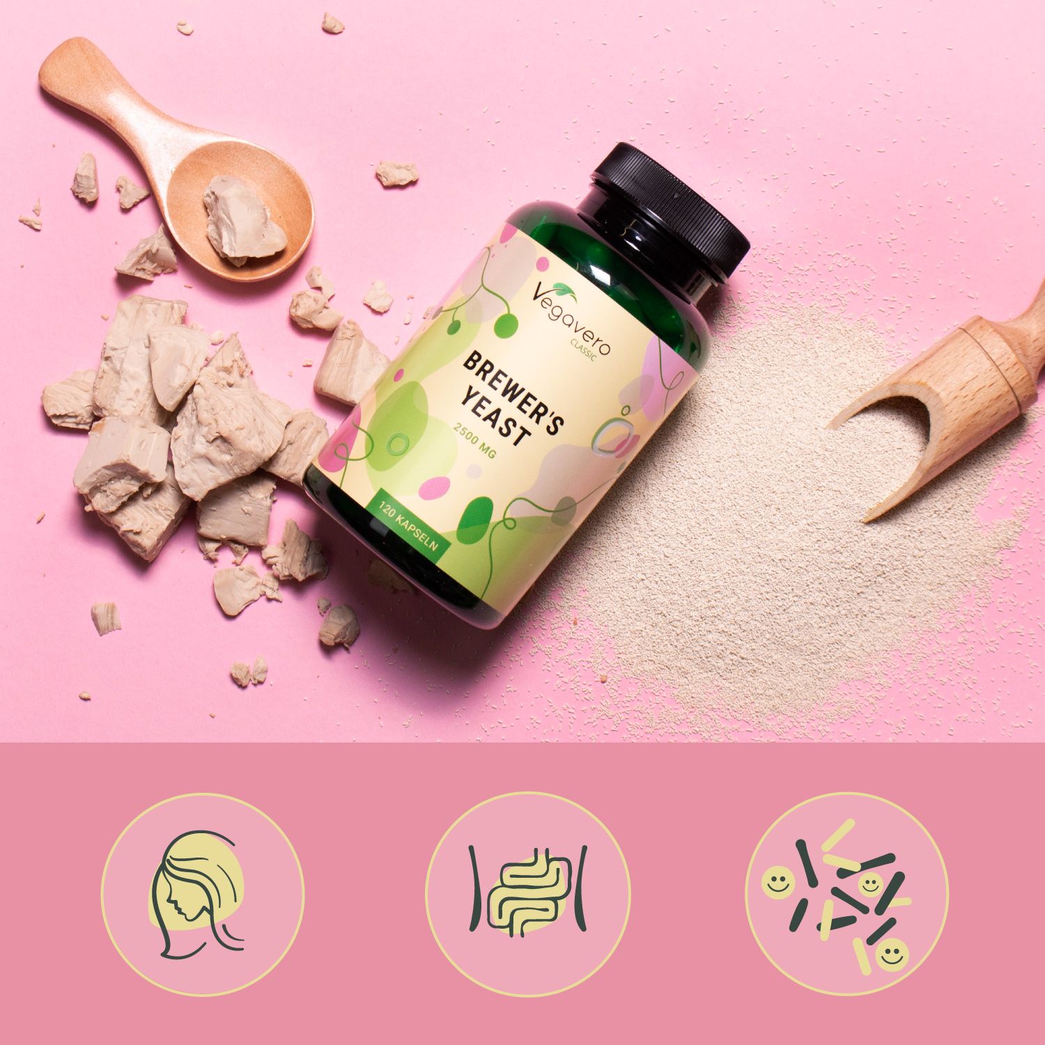Bottiglia di capsule, lievito e polvere. Utensili in legno. Marchio: Vegavero. Scritta: BREWER'S YEAST.