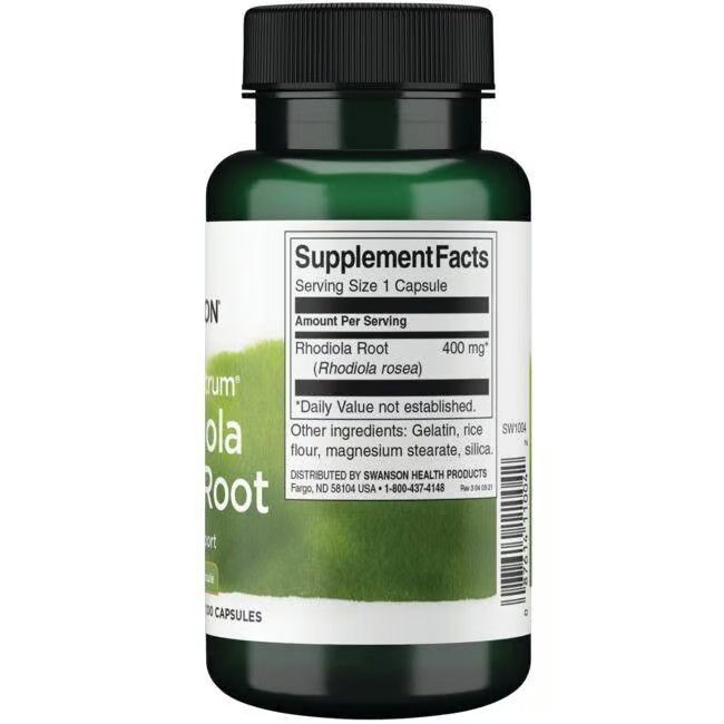 Flacone verde, tappo nero. Retro con informazioni nutrizionali: Rhodiola Root 400 mg. Altri ingredienti: gelatina, riso, ecc.