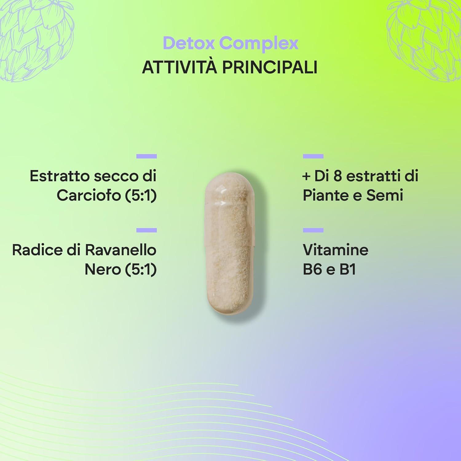 Capsula accanto al testo: Detox Complex. Contiene estratto di carciofo, radice di ravanello nero, 8 piante & semi, vitamine B6 & B1.