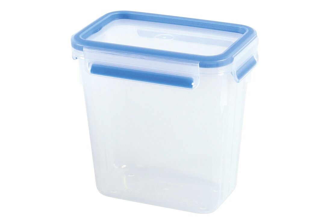 Contenitore trasparente con coperchio e chiusure blu. Forma rettangolare, in plastica.