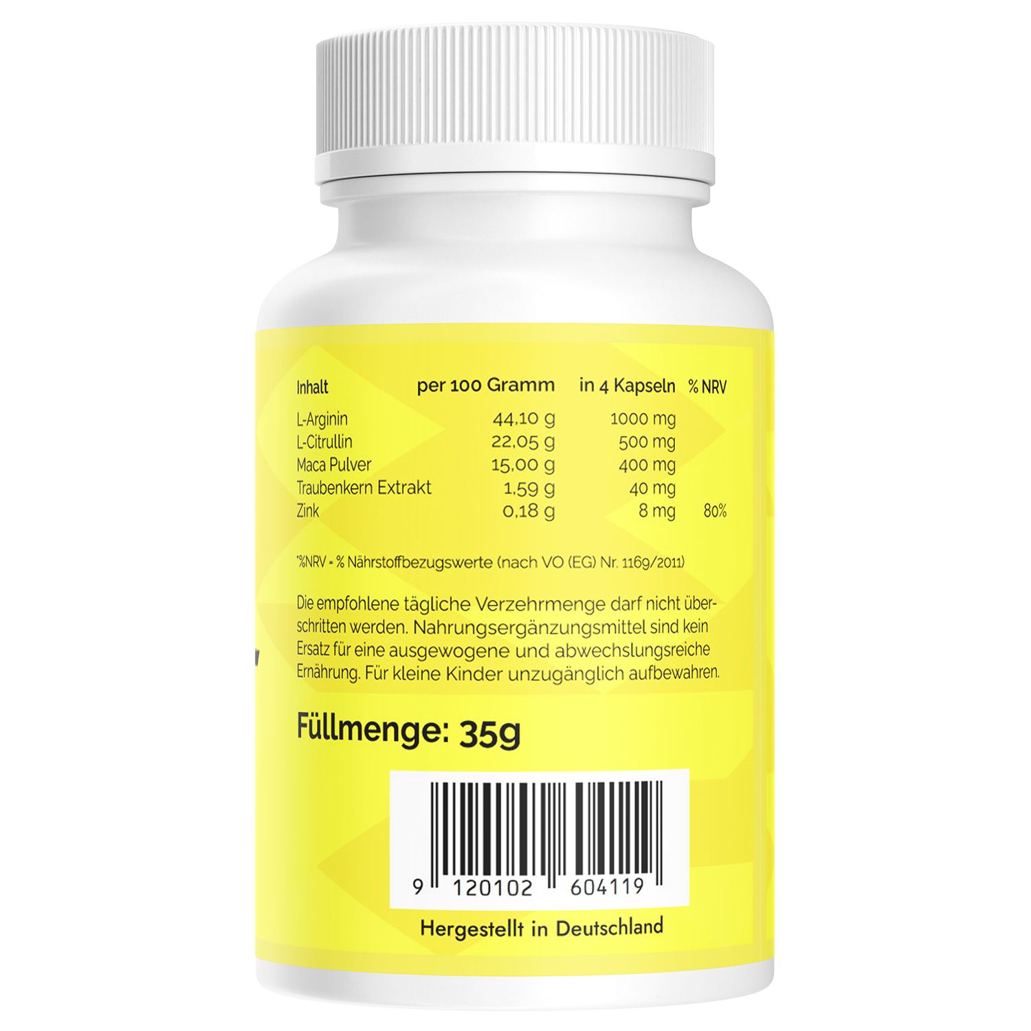 Informazioni nutrizionali per Exonol N45 Nutrition per 100g e 4 capsule. Prodotto in Germania.