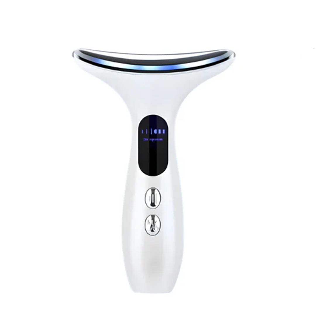Dispositivo bianco per il lifting del viso con schermo blu e due pulsanti, con barra luminosa a LED.