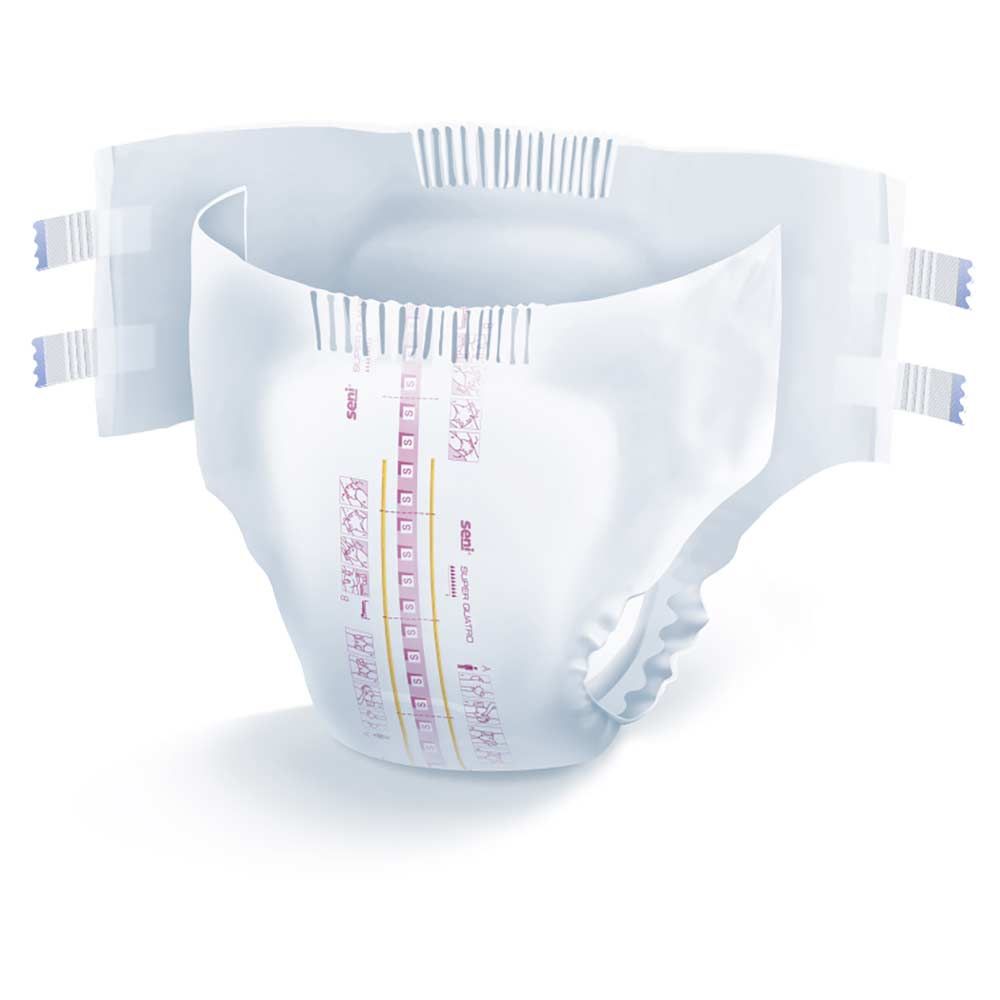 Pannolino per incontinenza bianco con chiusure adesive. Segni rosa e gialli. Logo Seni visibile.