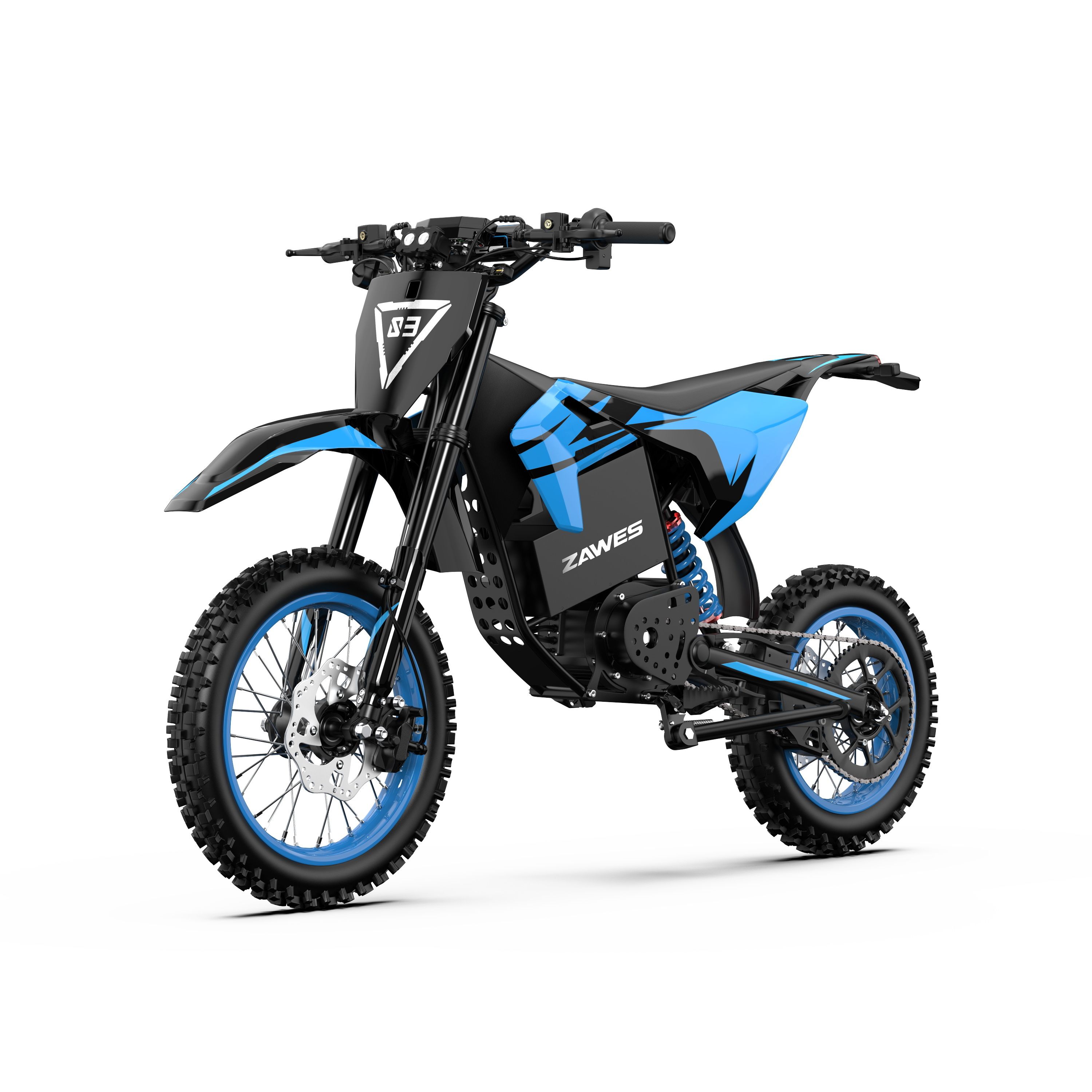 Moto cross elettrica nera e blu. Cerchi blu, pneumatici neri. Marchi "ZAWES" e "S3" visibili.