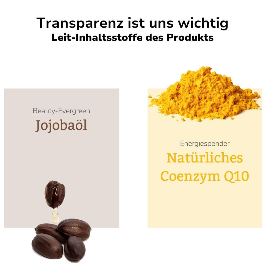 Olio di jojoba e coenzima Q10. Testo: "La trasparenza è importante per noi".