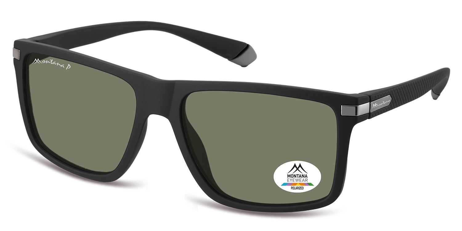 Occhiali da sole neri con lenti rettangolari. Logo Montana Eyewear ed etichetta polarizzata. Aste con dettagli argentati.