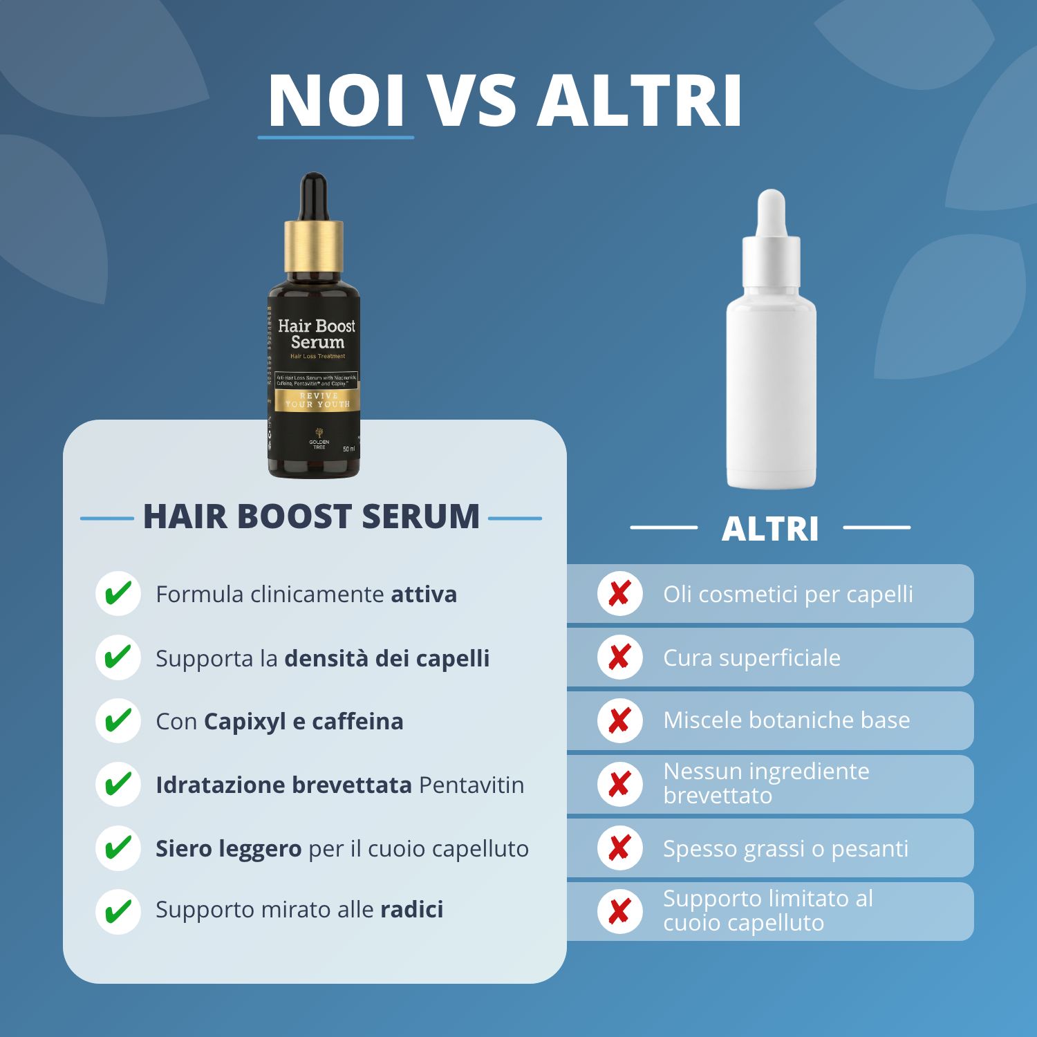 Confronto: Golden Tree Hair Boost Serum vs altri prodotti; formula clinicamente attiva.