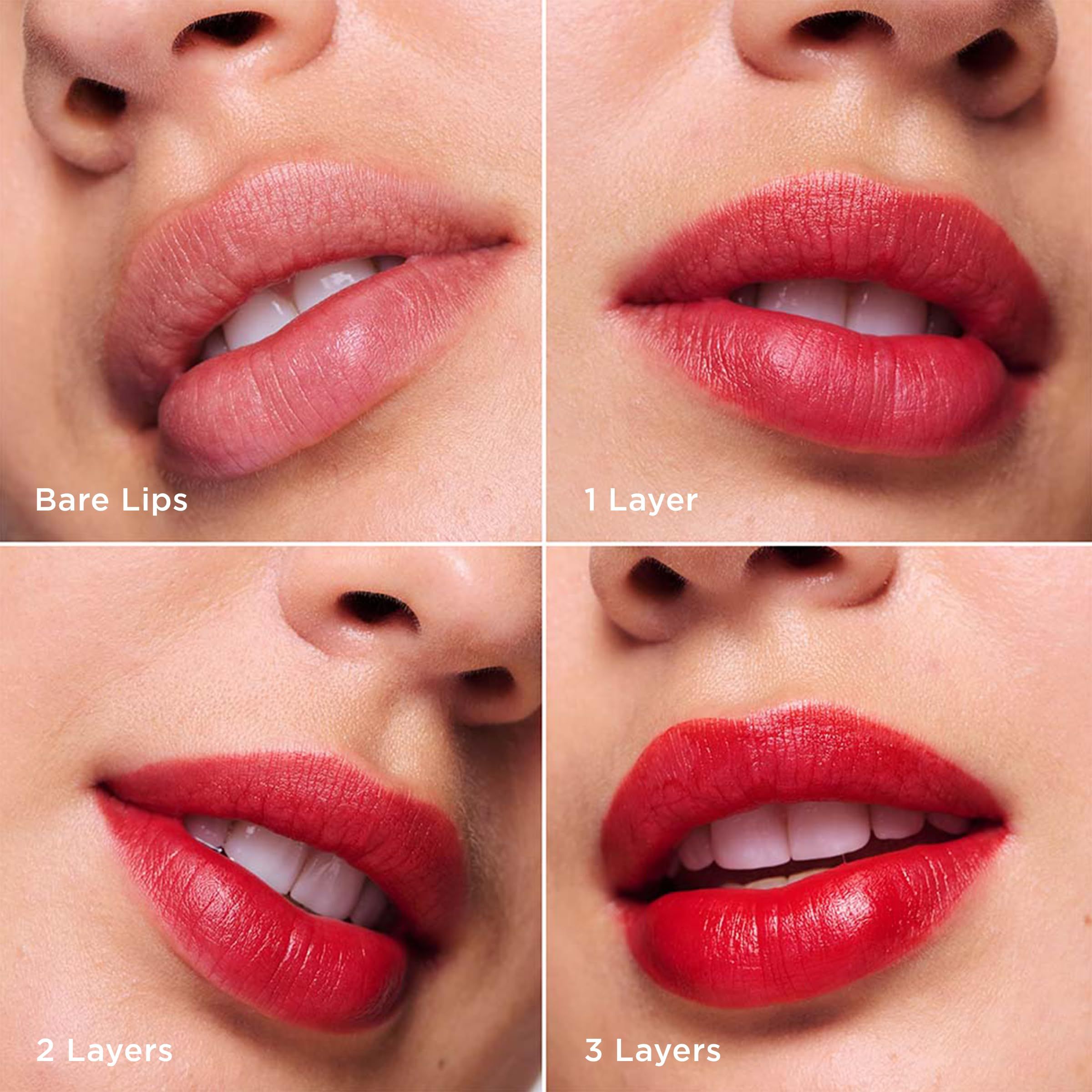 Quattro immagini di labbra con diversi strati. Etichette: Bare Lips, 1 Layer, 2 Layers, 3 Layers.